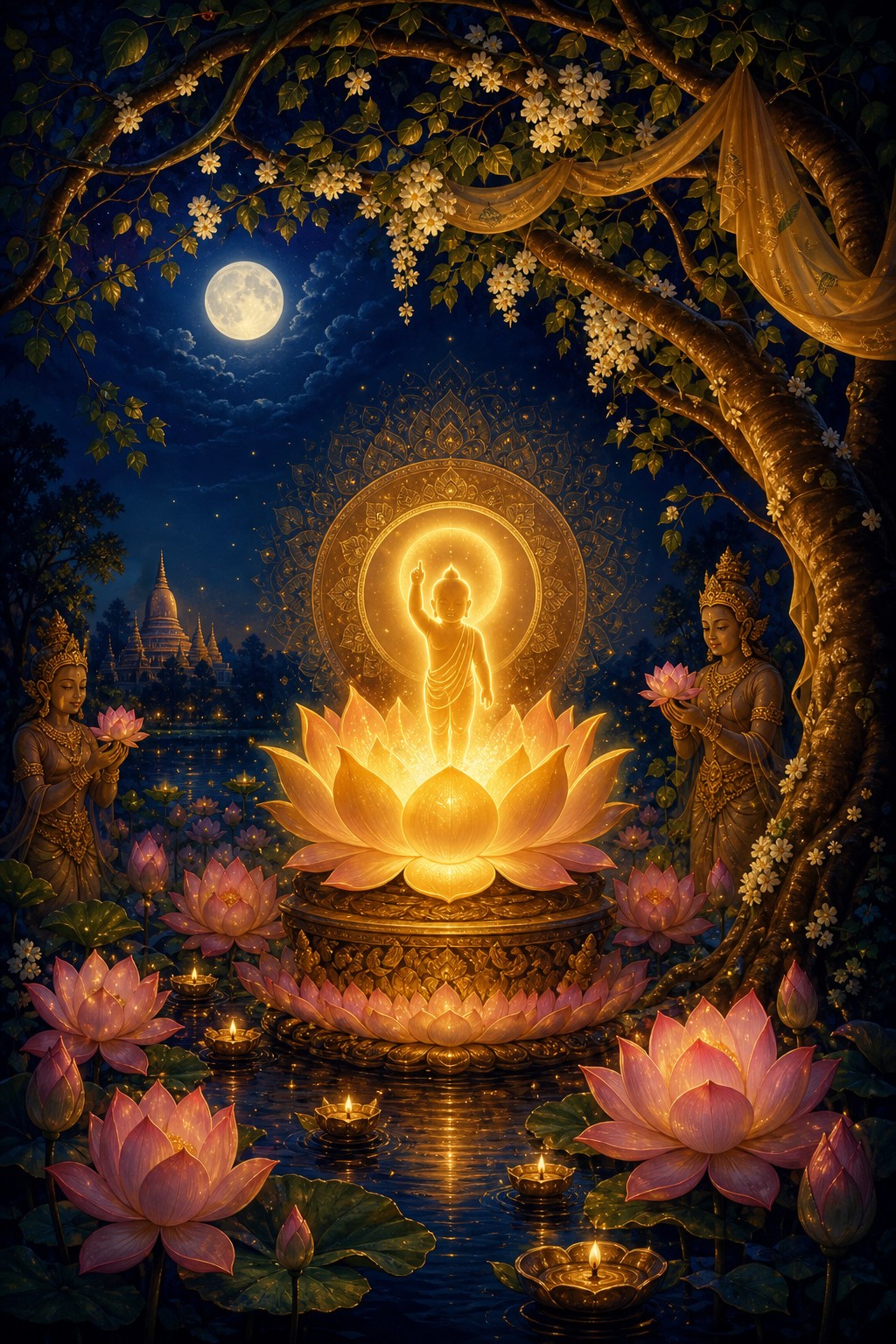 Artistic Vesak scene representing the birth of Prince Siddhartha at Lumbini