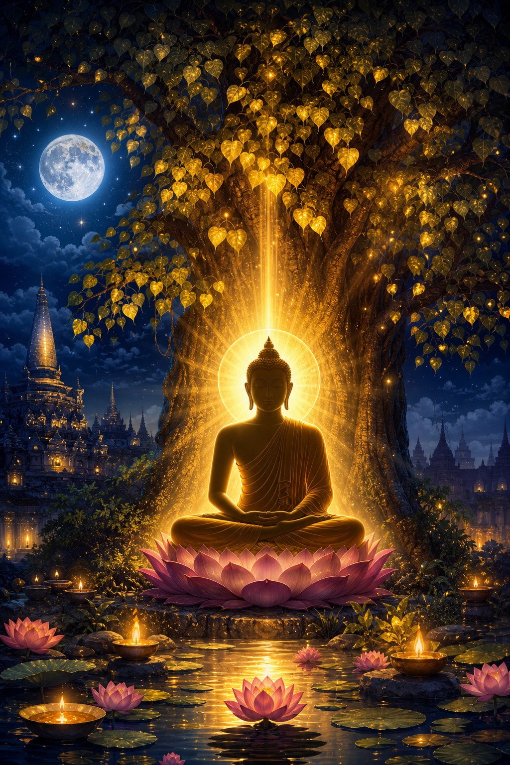 Artistic Vesak scene of the Buddha's enlightenment beneath the Bodhi Tree