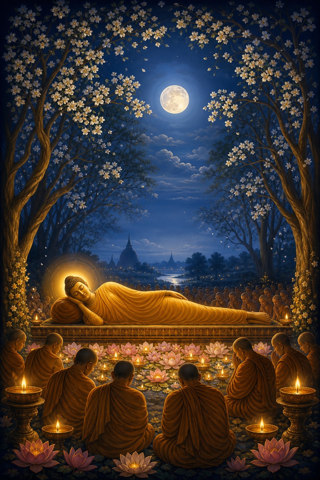 Artistic Vesak scene representing the Parinibbana of the Buddha at Kusinara